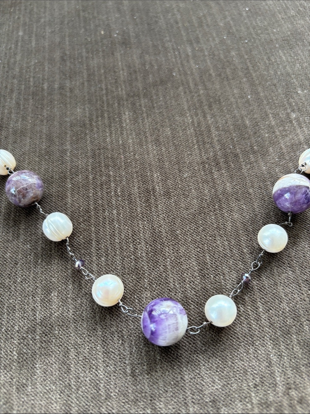.925 Sterling Silver Purple White Beaded Pearl Amethyst Charoite Necklace 20.5”